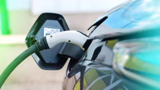 Level 2 electric vehicle charging station in a clean indoor parking facility
